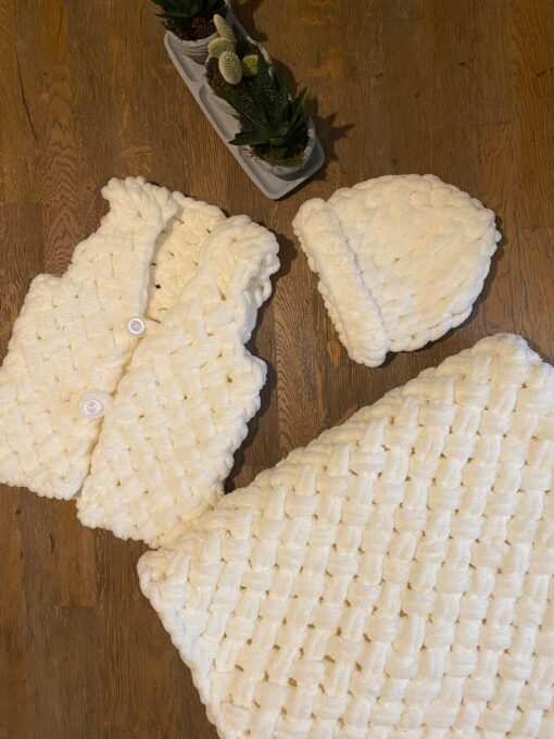 Handmade Premium Baby Chenille Set - Vest, Hat, and Blanket