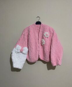 Handmade Premium Pink and White Chenille Flower Cardigan