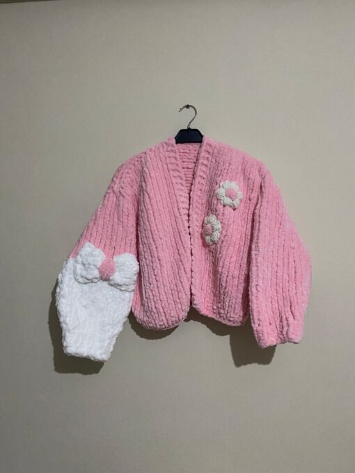 Handmade Premium Pink and White Chenille Flower Cardigan