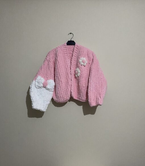 Handmade Premium Pink and White Chenille Flower Cardigan