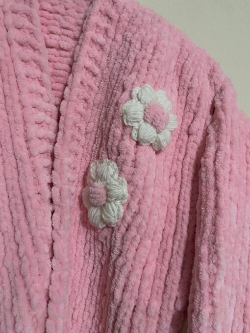 Handmade Premium Pink and White Chenille Flower Cardigan